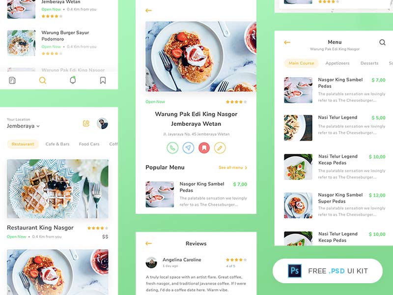 Restaurant App UI Kit - Free PSD