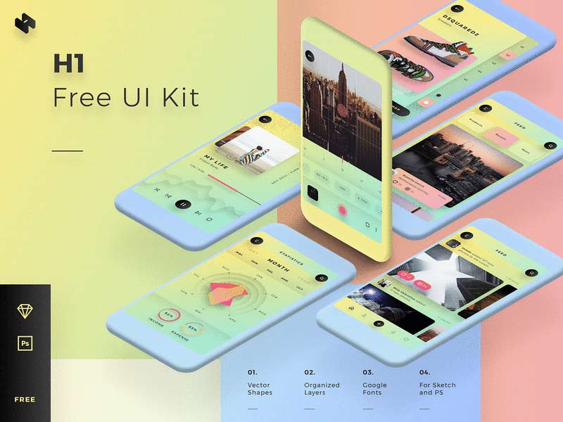 H1 - Free Mobile UI Kit for Sketch & Photoshop